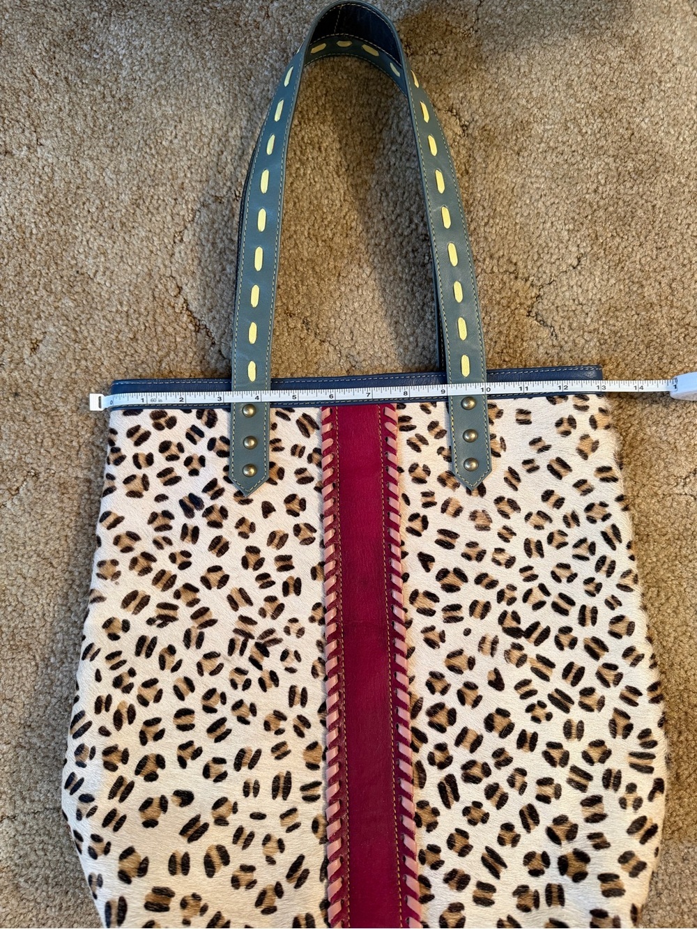 Leopard Print Tote Bag with Pink Accent and Blue Handles - Picture 5 of 8